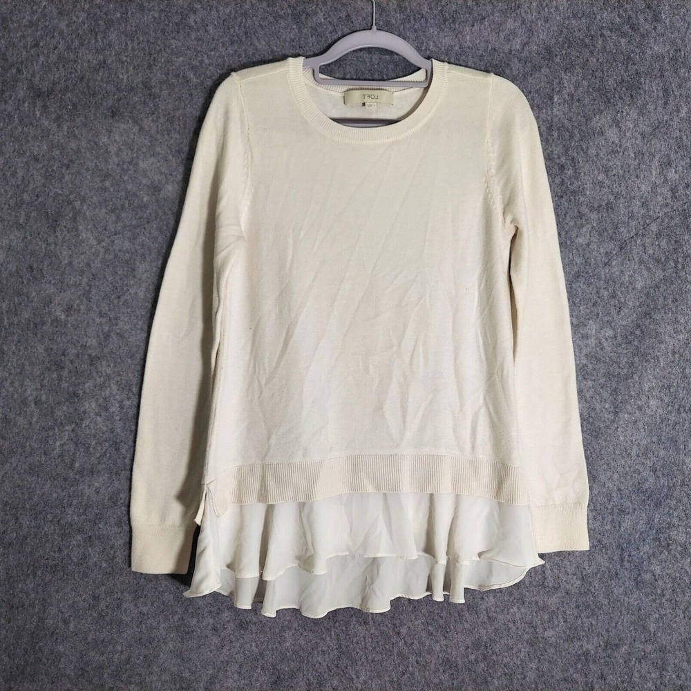 Loft Ann Taylor Sweater S Cream Chiffon Hem Knit Tunic Mixed Media Soft Preppy
